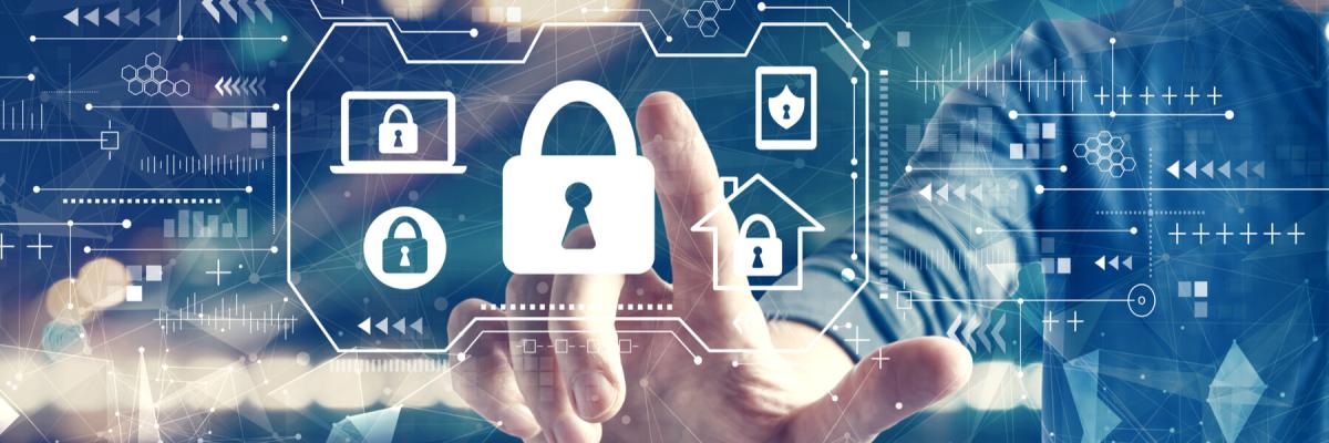 IT security concept with a hand holding finger over a padlock or security icon